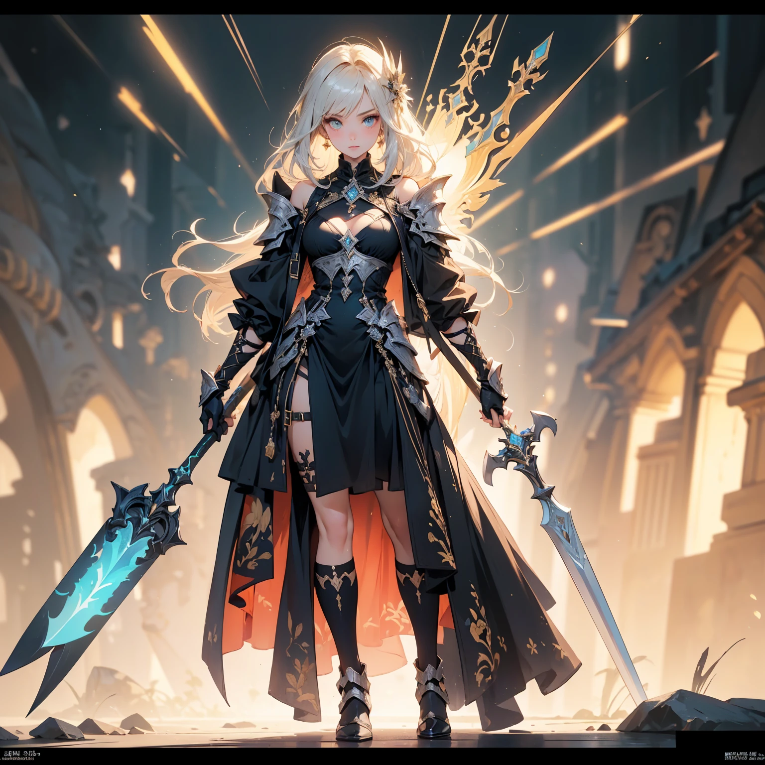 Design a layout showcase Gaming character, (1girl). Golden+Purle clothes, stylish and unique, ((showcase weapon:1.4)), magic staff, (masterpiece:1.2), (best quality), 4k, ultra-detailed, (Step by step design, layout art:1.5), (luminous lighting, atmospheric lighting), magican, ((glove full hands)), (((revealing clothes:1.3))), vambraces, armored legwear, (((full_body_shot:1.4)))