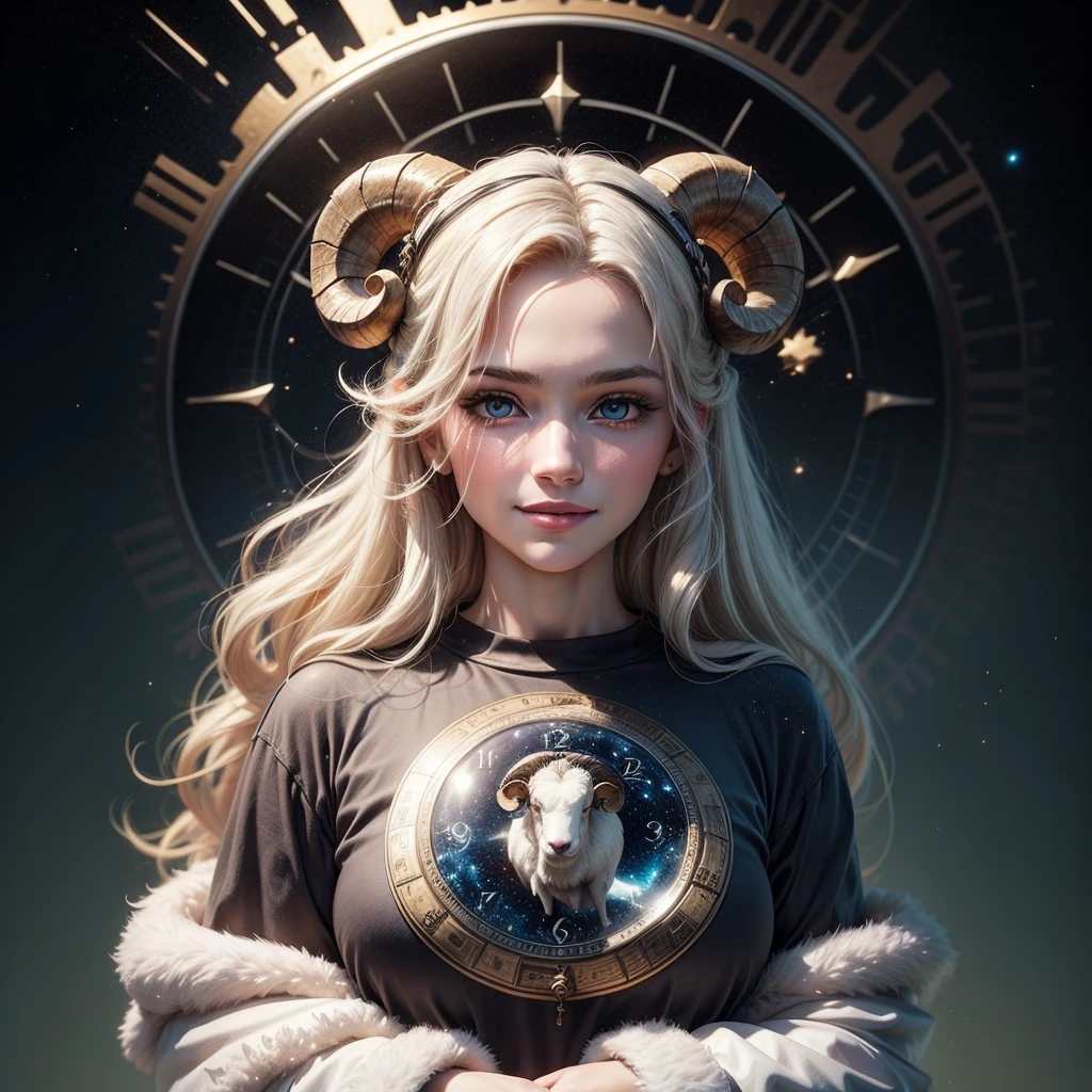 ((best quality)), ((masterpiece)), (detailed), A young woman with long platinum-blonde hair and large captivating eyes, smiling, standing calmly, in a celestial setting with a large circular clock-like design in the background, wearing a dark t-shirt with a ram's head graphic and a light fluffy coat, a mix of dark and light tones with blues and golds, digital fantasy art, serene and ethereal atmosphere, soft lighting, frontal viewpoint, delicate textures in hair and clothing, modern time period, no distinct cultural elements, calm and composed emotion, digital medium, modern attire