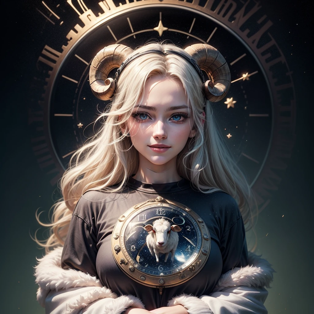 ((best quality)), ((masterpiece)), (detailed), A young woman with long platinum-blonde hair and large captivating eyes, smiling, standing calmly, in a celestial setting with a large circular clock-like design in the background, wearing a dark t-shirt with a ram's head graphic and a light fluffy coat, a mix of dark and light tones with blues and golds, digital fantasy art, serene and ethereal atmosphere, soft lighting, frontal viewpoint, delicate textures in hair and clothing, modern time period, no distinct cultural elements, calm and composed emotion, digital medium, modern attire