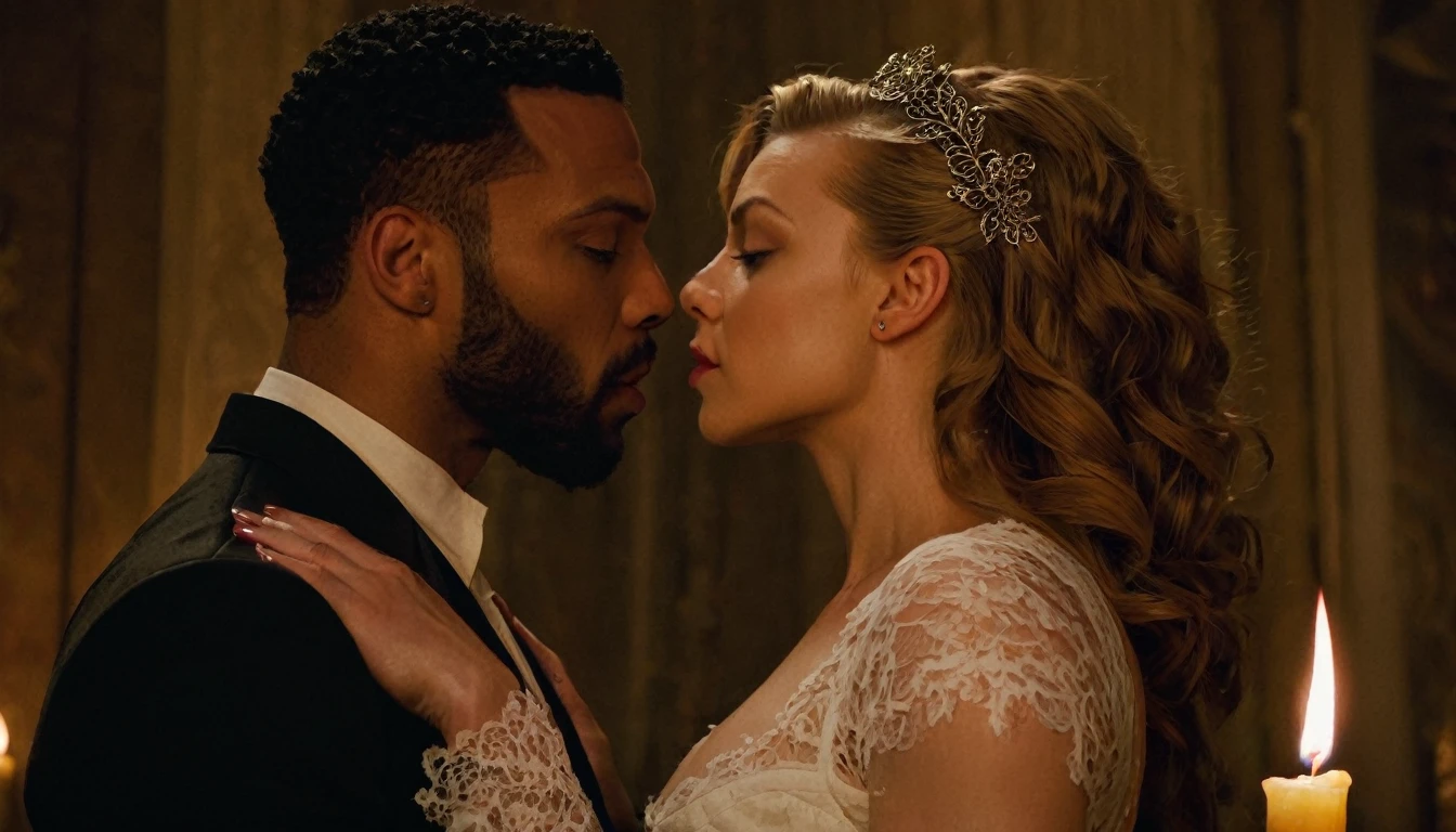 Natalie Dormer as Maman Brigitte and a handsome African American male whose facial features are a combo of Omari Hardwick + Nathan Mitchell + Yusuf Gatewood as Baron Samedi share a steamy kiss inside a New Orleans bedroom lit only by candlelight. The male wears a black satin shirt. Natalie wears a white lace dress. Natalie has lovely makeup on her face. Nighttime. Gothic romantic ambiance. Symmetrical eyes. Symmetrical faces. Lovely details. Photorealistic. Full-colored photo. Professional photo. Highly detailed 8K.