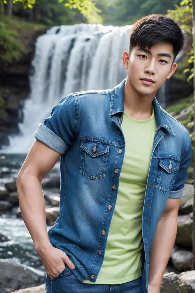 ((realistic daylight)) , Young Korean man in only a green t-shirt, no pattern. (Denim coat) Jeans, A handsome, muscular young Asian man looks at the camera. In a simple t-shirt blue and red , By the waterfall ,turn sideways