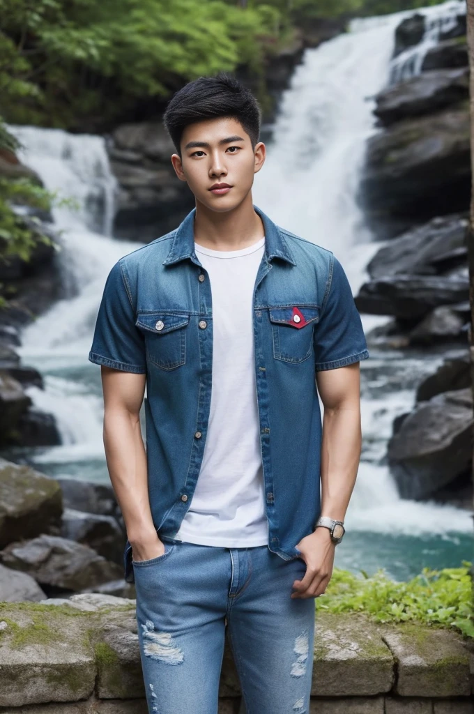 ((realistic daylight)) , Young Korean man in only a green t-shirt, no pattern. (Denim coat) Jeans, A handsome, muscular young Asian man looks at the camera. In a simple t-shirt blue and red , By the waterfall ,turn sideways
