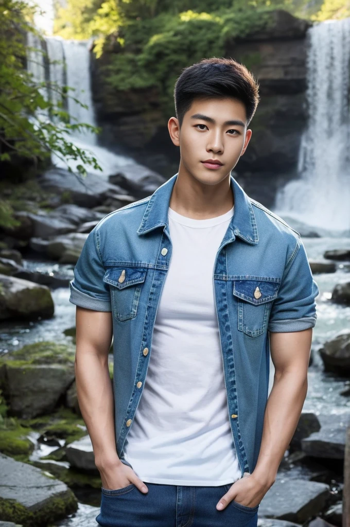 ((realistic daylight)) , Young Korean man in only a green t-shirt, no pattern. (Denim coat) Jeans, A handsome, muscular young Asian man looks at the camera. In a simple t-shirt blue and red , By the waterfall ,turn sideways