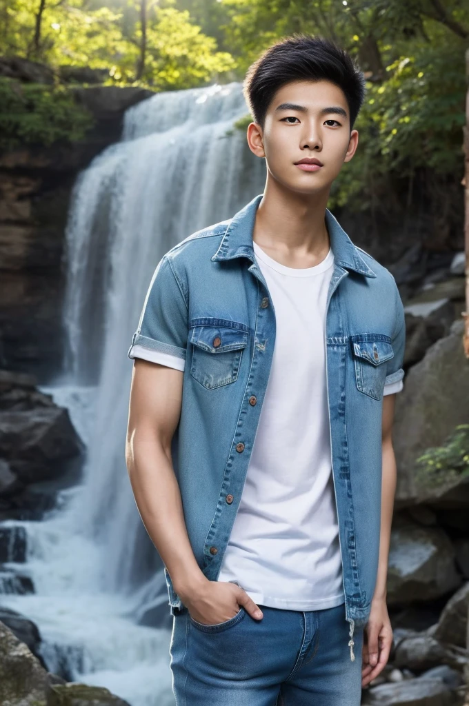 ((realistic daylight)) , Young Korean man in only a green t-shirt, no pattern. (Denim coat) Jeans, A handsome, muscular young Asian man looks at the camera. In a simple t-shirt blue and red , By the waterfall ,turn sideways