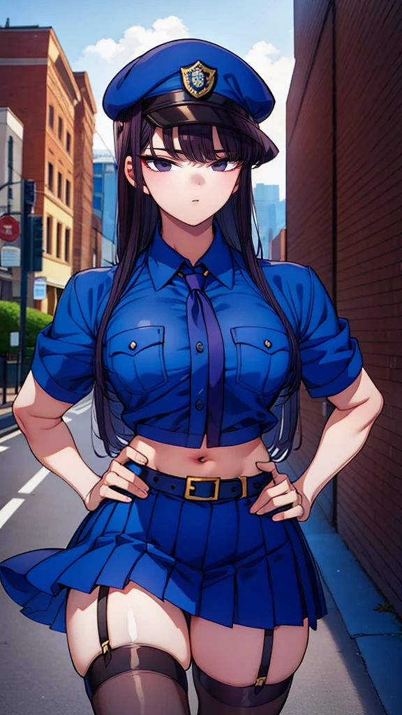 a cartoon character in a sexy suit posing on the street with a bush, police officer, police uniform, 1 girl, police woman, shirt, skirt, hat, tie, police cap, blue eyes, gloves, breasts, purple hair very dark, thighs, solo, navel, garter straps, looking at viewer, short sleeves, large breasts, underwear, miniskirt, midriff, ass visible through thighs, panties, outdoors, indentation, braid, hand in hand hip, belt, black skirt, uniform, collared shirt, frown, thigh highs, peaked cap, crop top, black panties, blue shirt, chest pocket, V-shaped eyebrows, Eiko Tsukimi, blue eyes, purple hair very dark baseball cap