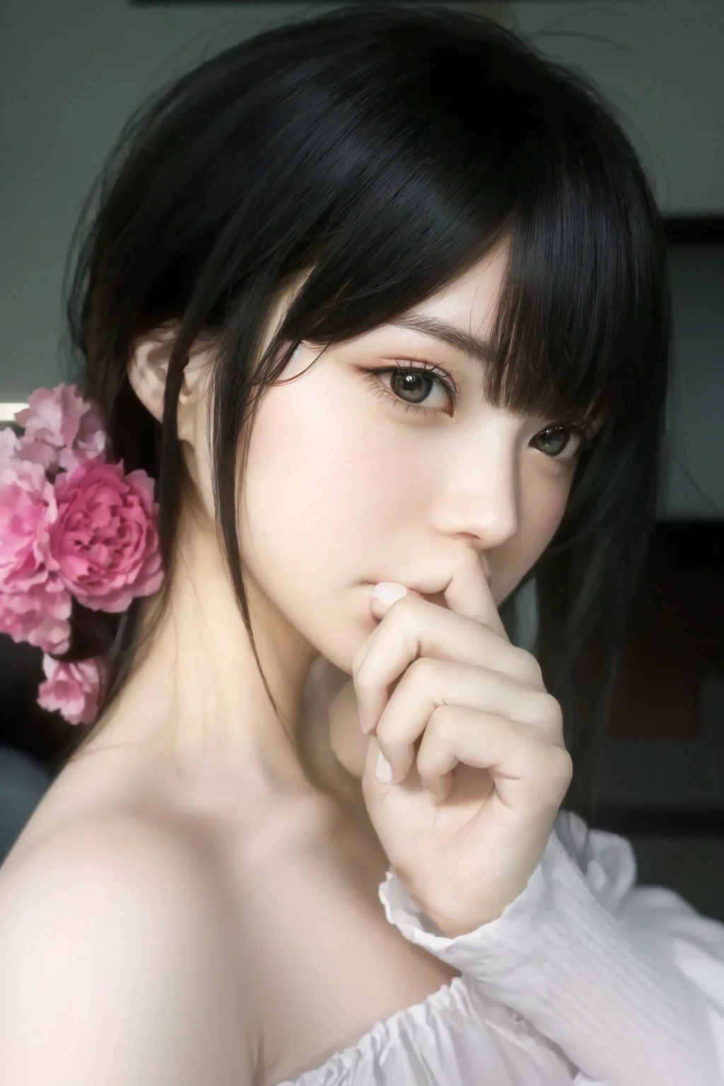 there is a woman with a flower in her hair posing for a photo, cute face girl, rosto de アニメ natural fofo, beautiful face of japanese girls, Engraving realistic young idol, アニメ. soft lighting, Sakimi-chan, garota de アニメ na vida real, with a cute face - beautiful, アニメ fotorrealista, Sui Ishida com cabelo preto, linda garota de アニメ