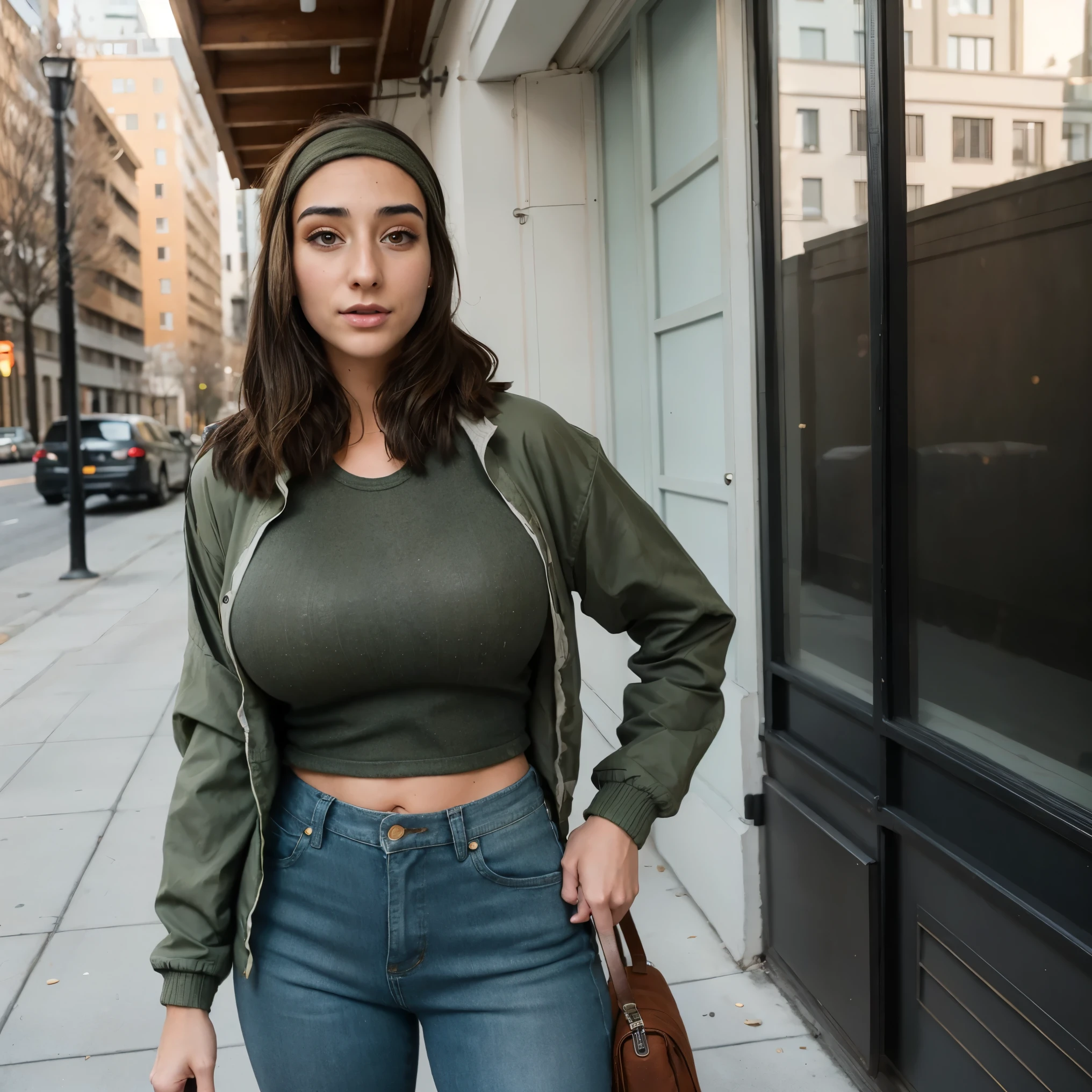 Extremely busty thin and toned brunette photographer, college girl, fair skin, loose side sweep, soft face, athletic, bandana babushka headwrap, tight olive green casual windbreaker, skinny jeans. standing in front of her apartment building, outdoors, city, camera bag, cleavage