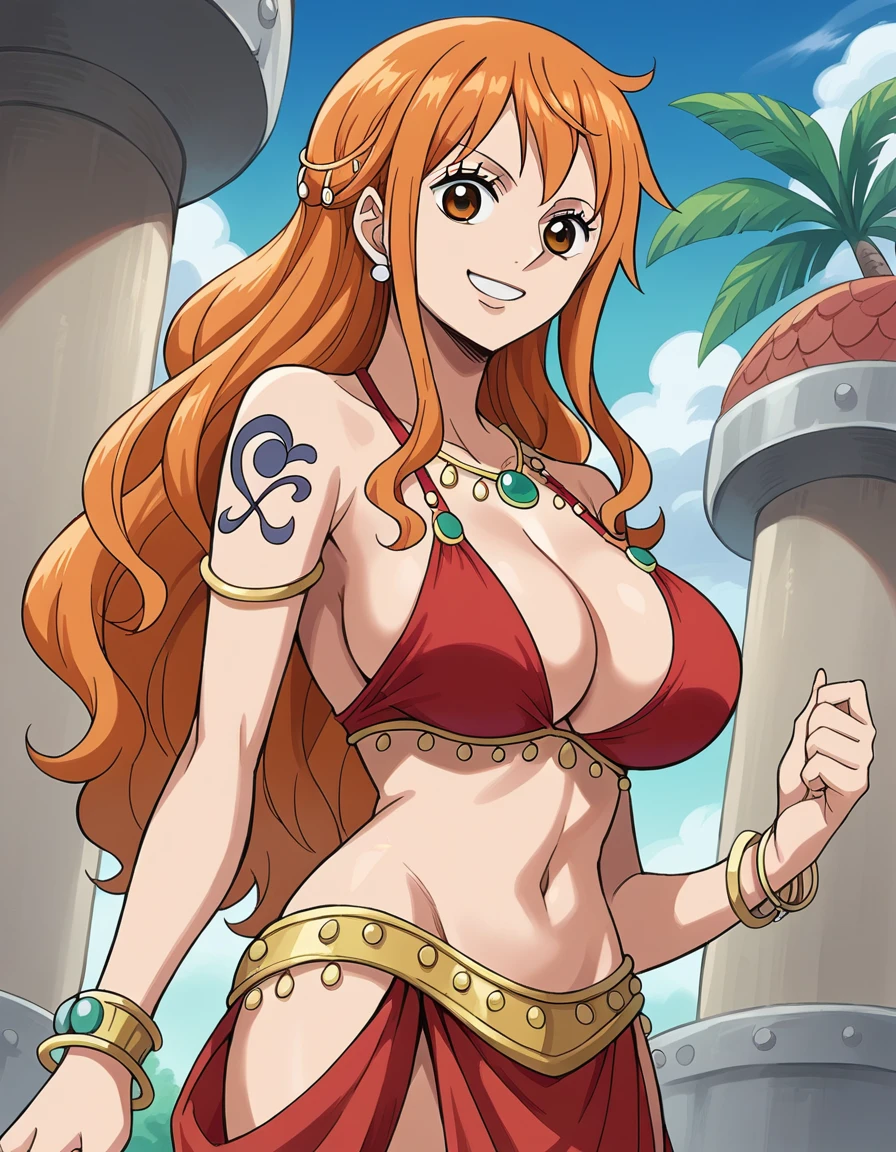 score_9, score_8_up, source_anime, best quality, nami, NAAmi, orange hair, orange eyes, long hair, large breasts, standing, looking at viewer, bellydancer clothes, red clothes, cleavage, dynamic angle, smile, outdoor