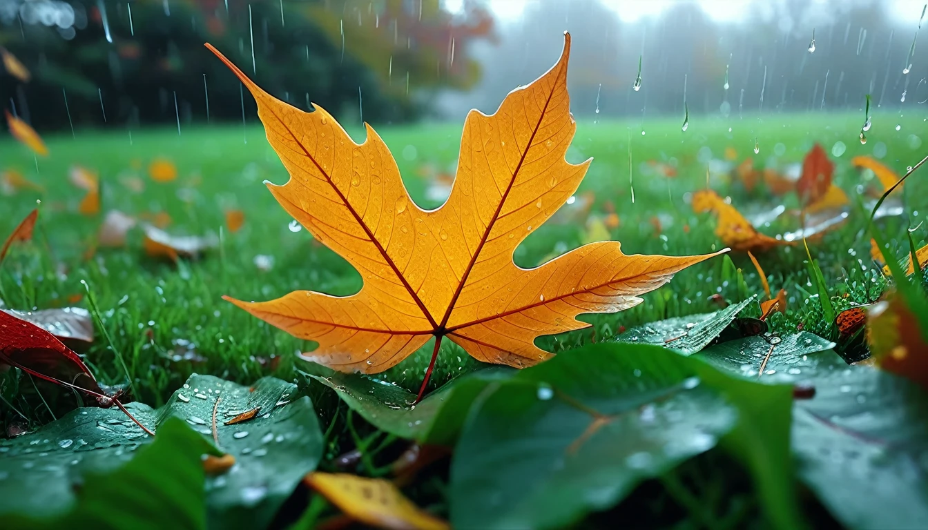 there is a leaf that is sitting on the grass, magical leafs falling, nature documentry footage, youtube video screenshot, today's featured photography 4k, autumn rain turkel, nature photography 4k, november, cinematic widescreen shot, leaves and magic, high quality screenshot, 2 0 2 1 cinematic 4 k framegrab, wide screenshot