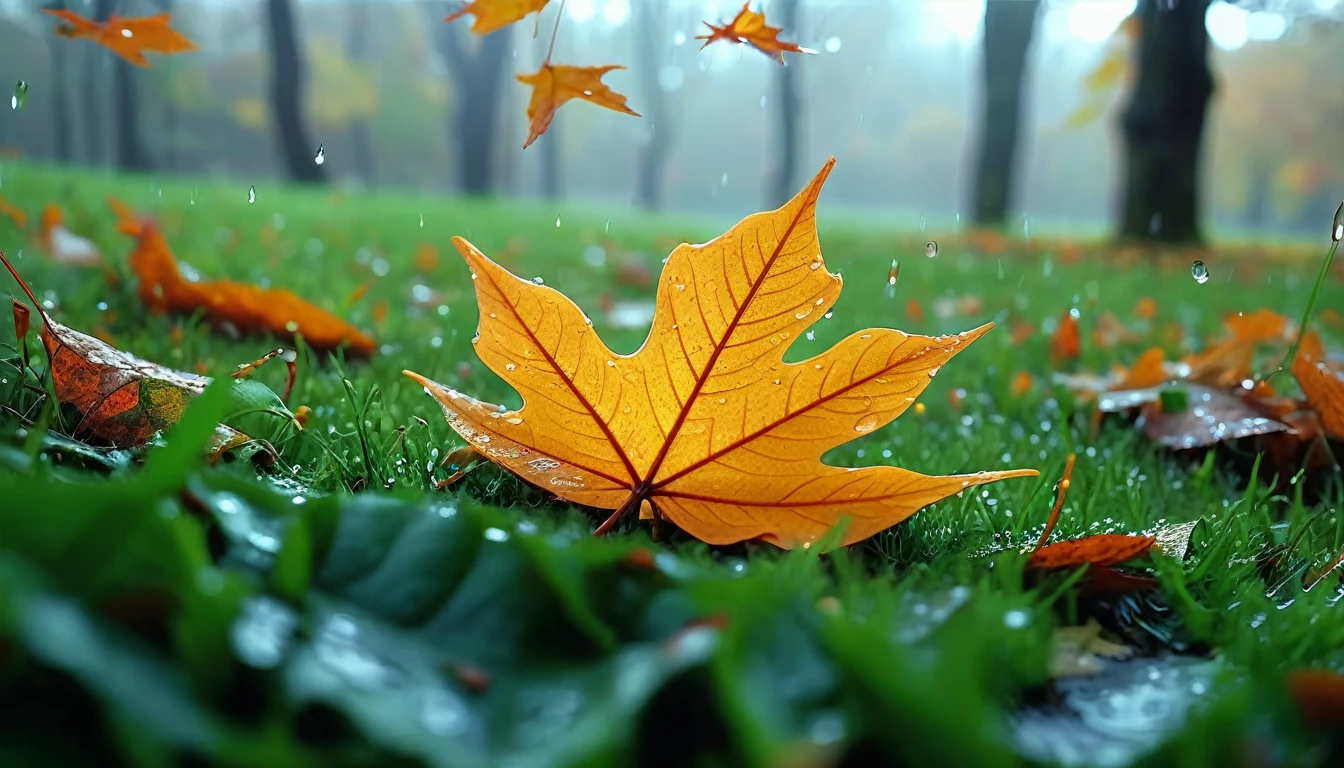there is a leaf that is sitting on the grass, magical leafs falling, nature documentry footage, youtube video screenshot, today's featured photography 4k, autumn rain turkel, nature photography 4k, november, cinematic widescreen shot, leaves and magic, high quality screenshot, 2 0 2 1 cinematic 4 k framegrab, wide screenshot