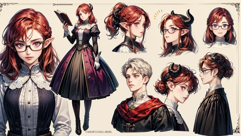 (Masterpiece, best quality), detailed, character sheet, many items (the same person, medieval royal clothes, magic academy uniform, blouse, skirt, glasses, reading glasses, white boots, many parts), athletic, busty, demon, demon girl, detailed beautiful purple eyes, detailed face, pointy ears, red hair and white skin, braided ponytail, demon horns, full of details.