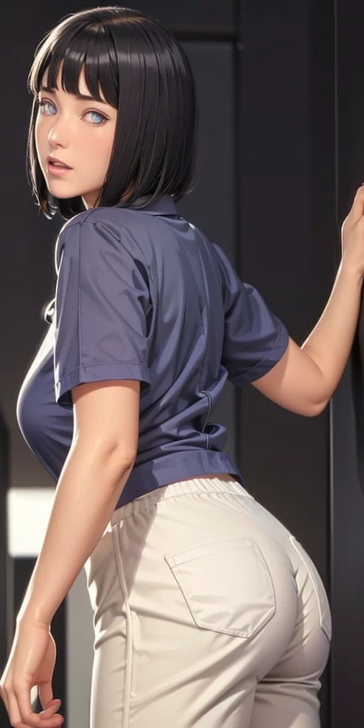 (((Perfect body,White and tender skin,(((ruanyi0533,blue pants,collared shirt,short sleeves,striped,sneakers,white shirt,))),(((hyuugahin,hyuugahin,hinata\(boruto\),hyuugahin, "black long hair", blue eyes,blunt bangs))),((masterpiece)),high resolution, ((Best quality at best)),masterpiece,quality,Best quality,((( Exquisite facial features,Looking at the audience,There is light in the eyes,blush,Happy,lol))),))),(((Light and shadow,Huge breasts))),(((Looking at the camera,black background,)))),