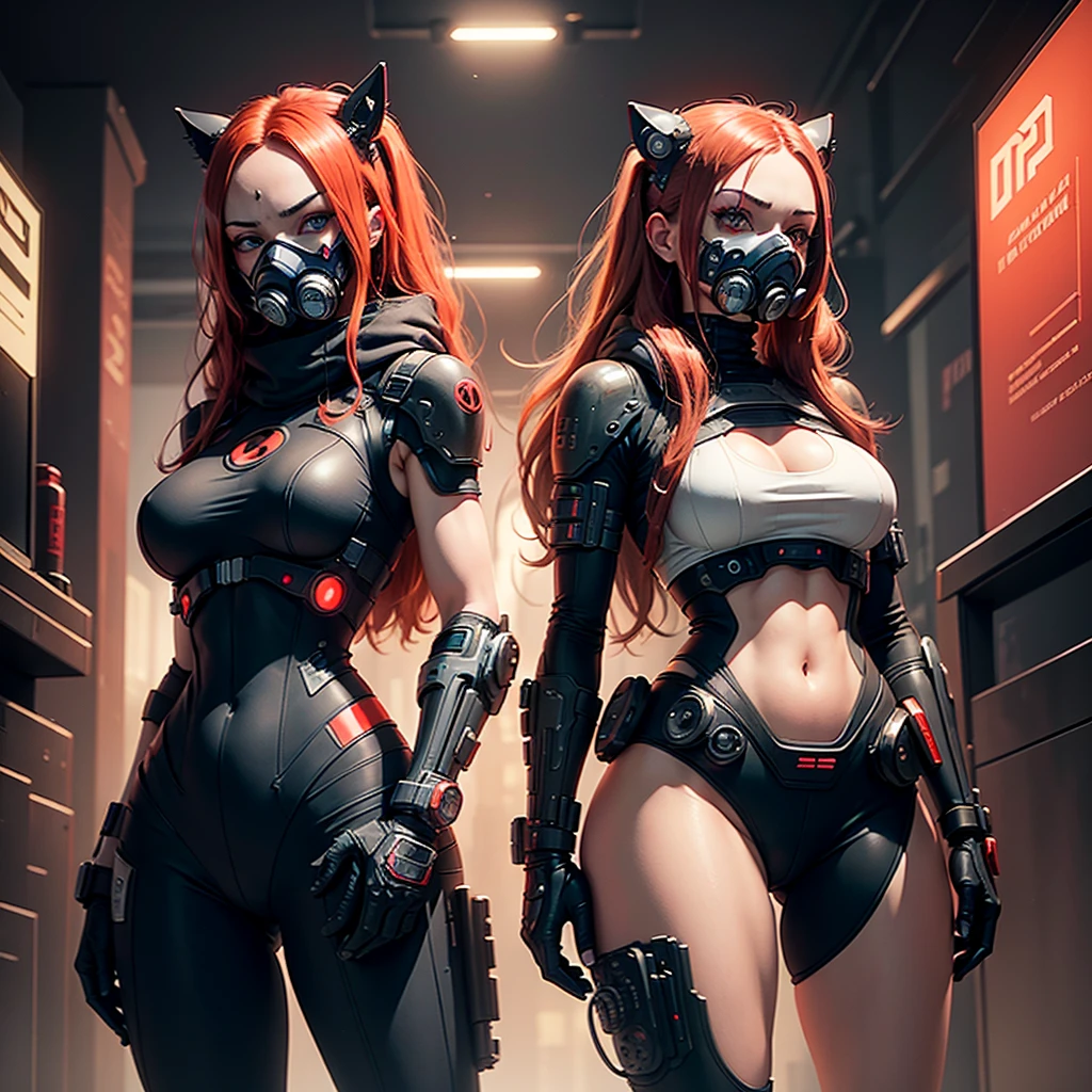 a girl with a mask, a large respirator, a gas mask with tubes on half of her face, fur, half a cyborg, stands straight, looking down from below, she has a chic athletic figure and large hips, she has rich red long hair and pale eyes and a black android cybernetic suit with small red elements, a dark background image of cyberpunk mechanisms and red lights dark background space red planet lights 