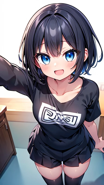 Highest quality,wonderful,finely,Highly detailed CG Unity 8k wallpaper, (1 Girl,Black Hair, blue eyes,short hair, Double Bang), (Small breasts:1.2), (Black T-shirt:1.1),  (clavicle:1.1), Shorts、Smiling Kindly、smile、 (Open your mouth very wide:1.５), (zettai ryouiki:1.2),(narrow:1.2), (Are standing:1.2)、(He is speaking with a microphone in his right hand:1.1)、(((Solid white background)))、Facing the camera