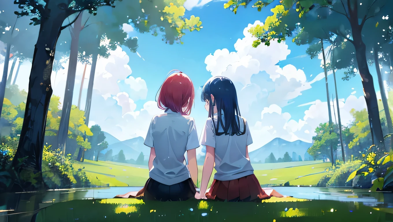 (master part), In a wide forest,blue sky, Very cool, nature,after the rain, gram, beautiful sky, Blinding clouds, 4K, happy,happy, soft, wallpaper,, hope, convoluted, BREAK the image transmit a hopeful feeling, Good feel, happy atmosphere, The beauty of small details, a visual master part, beautiful colors, uhd, high resolution,absurd, professional image, breathtaking,amazing, Two girls are sitting side by side on the veranda right in front of the screen..., Leaning their heads against each other., character drawing'look at that person closely, He is wearing casual clothes and holding a book in his hands..