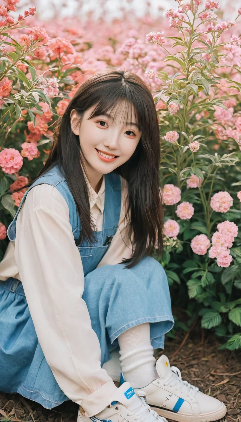 Anime girl in 80s anime style sitting among flowers and looking at the camera, Smile. Pale