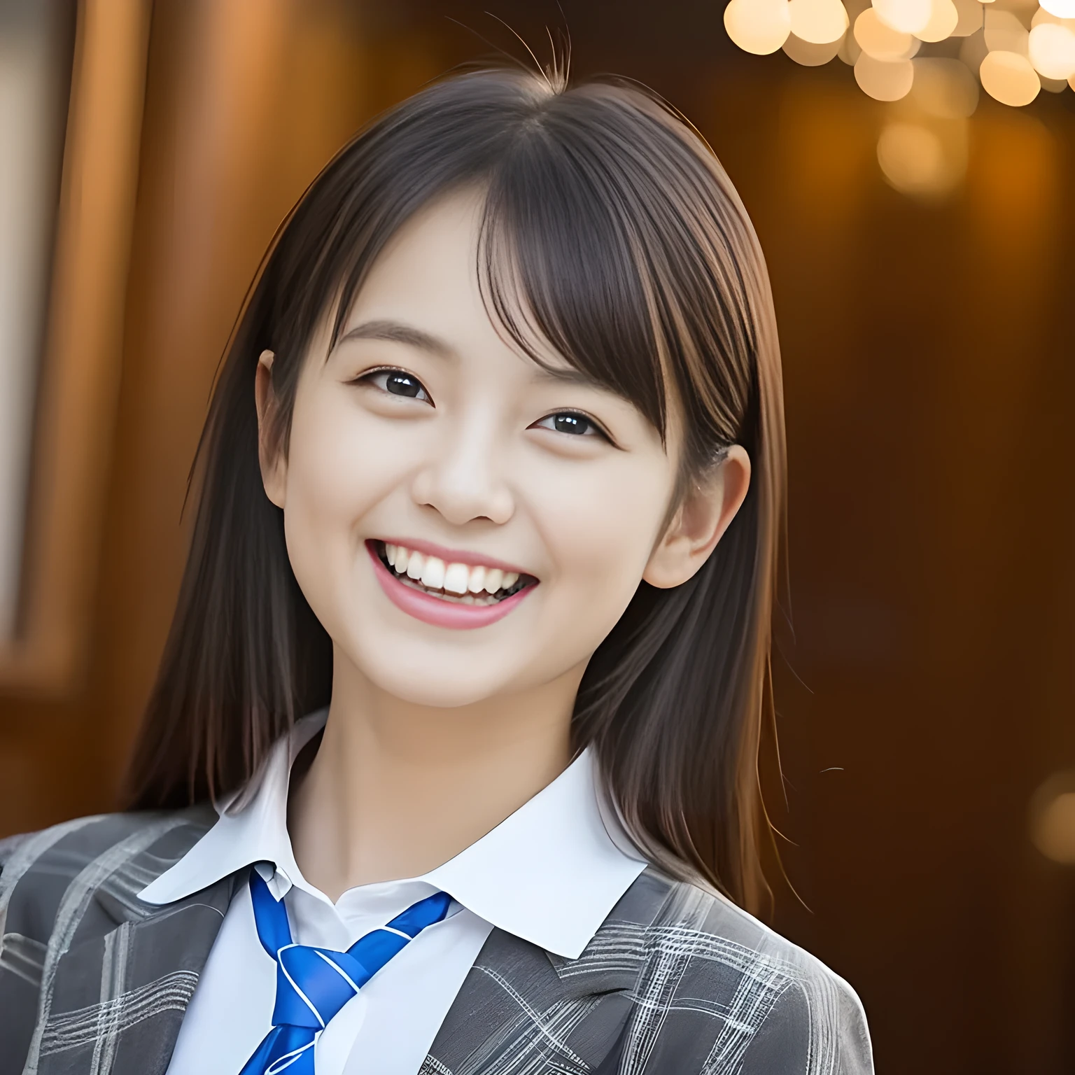 (Highest quality, masterpiece:1.2), Highest quality, High resolution, 1080P, 8K, height: 158cm, ((A noble and intelligent girl who looks like a cute Japanese young lady is giggling while hypnotizing the viewer.。 so sweet, Very noble, Cute and pretty Japanese beautiful cute girl。A real, very girly, sweet, cute and noble girl.。Many evil beautiful dolls in the background)), ((((14 years old, Popular Japanese cute fashion models)))), ((((Very pure white face and limbs)))), Glossy Lips, (Evenly cut bangs), ((Very beautiful, smiling brown, droopy, cute, pure, noble eyes)), ((Super long, straight black hair that reaches the floor)), Very shiny, Glossy Lips, Open hand over open mouth, Beautiful straight hair like a hair model, Watch and laugh at your audience, ((Incredibly well organized, Rich facial expressions. Plump and beautiful white skin and face)), ((Pure, clear, gentle smiling eyes)), ((Smile at me)), Glossy Lips, ((Noble and elegant)), ((As the succubus charms you with her magic and giggles)), ((((Succubus is fascinating、Calling to the depths of eternity)))), Very beautiful blue skirt, ((Large upward-curving lips)), ((Look directly at the viewer)), White Hand, ((Navy Japanese School Blazer, Navy and sapphire blue Japanese school uniform tartan check pattern pleated long skirt, Blue string ribbon tie)), ((((An ecstatic expression of boundless joy)))), ((Black background))