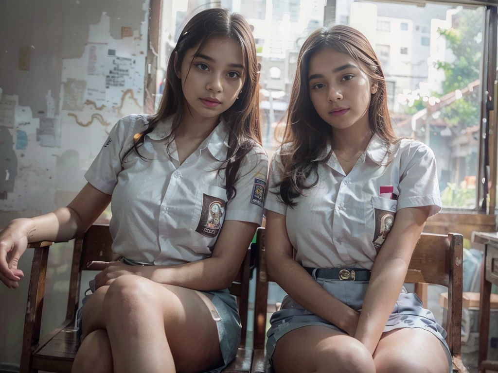 (upperbody:1.2), selfie portrait of (2 girls:1.5), beautiful cewe-sma wearing (highschool uniform, short sleeve, (bottomless:1.5)), serene expression, detailed facial features, flawless make-up, intricate embroidered patterns, (exposed hanging breast:1.2), slim body, sitting side by side with (crossed-legs, knees up), elegant pose, in the classroom, looks so cool, (foggy atmosphere:1.3), ((high angle, seen from forward):1.3), (facing forward:1.2), soft natural lighting, photorealistic, highly detailed, 8k, cinematic, dramatic, natural color tones,