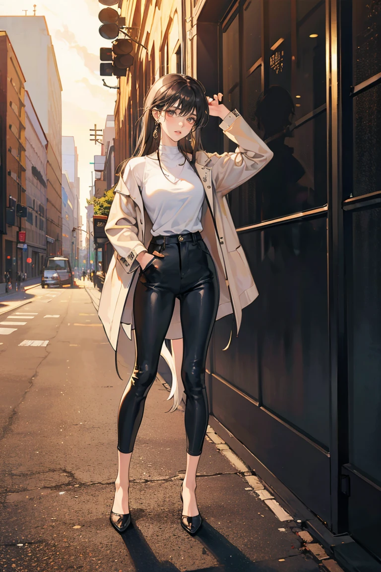 (masterpiece), best quality, small eyes, mature woman, brown eyes, long tied black hair, long nose, tan brown skin, plain white t shirt, leather jacket, black pants tall woman, long legs, full body, tall woman, long legs, big , skinny legs, anime cover, 1girl, ear piercings, hands in pockets, adult-like look, bad girl