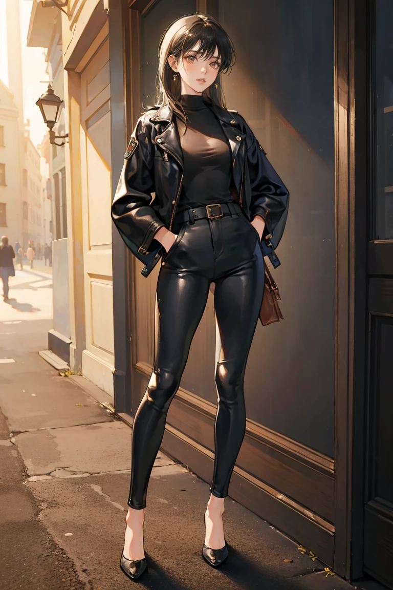 (masterpiece), best quality, small eyes, mature woman, brown eyes, long tied black hair, long nose, tan brown skin, plain white t shirt, leather jacket, black pants tall woman, long legs, full body, tall woman, long legs, big , skinny legs, anime cover, 1girl, ear piercings, hands in pockets, adult-like look, bad girl
