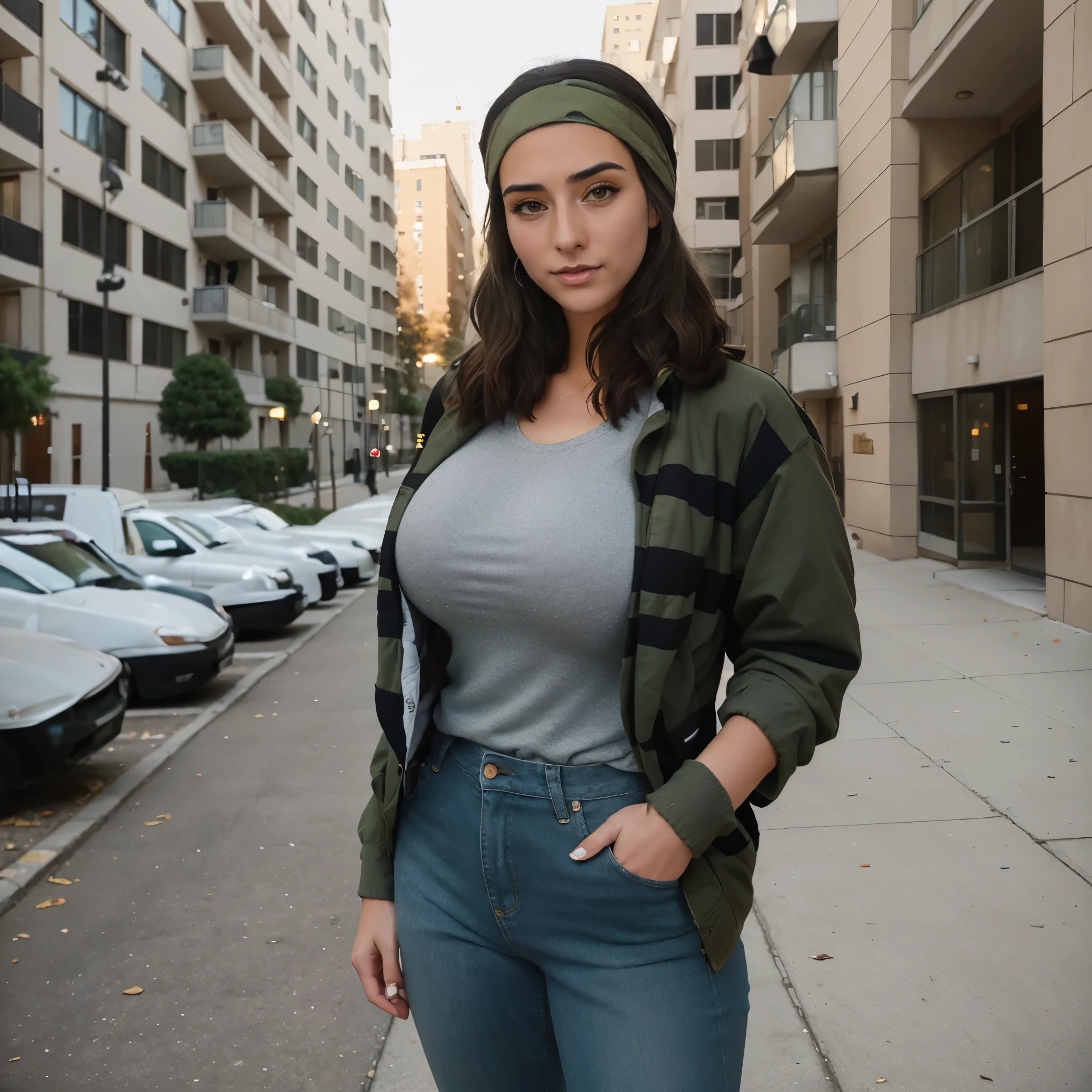 Extremely busty thin and toned brunette photographer, college girl, fair skin, loose side sweep, soft face, athletic, bandana babushka headwrap, tight olive green casual windbreaker, skinny jeans. standing in front of her apartment building, outdoors, city, camera bag, cleavage