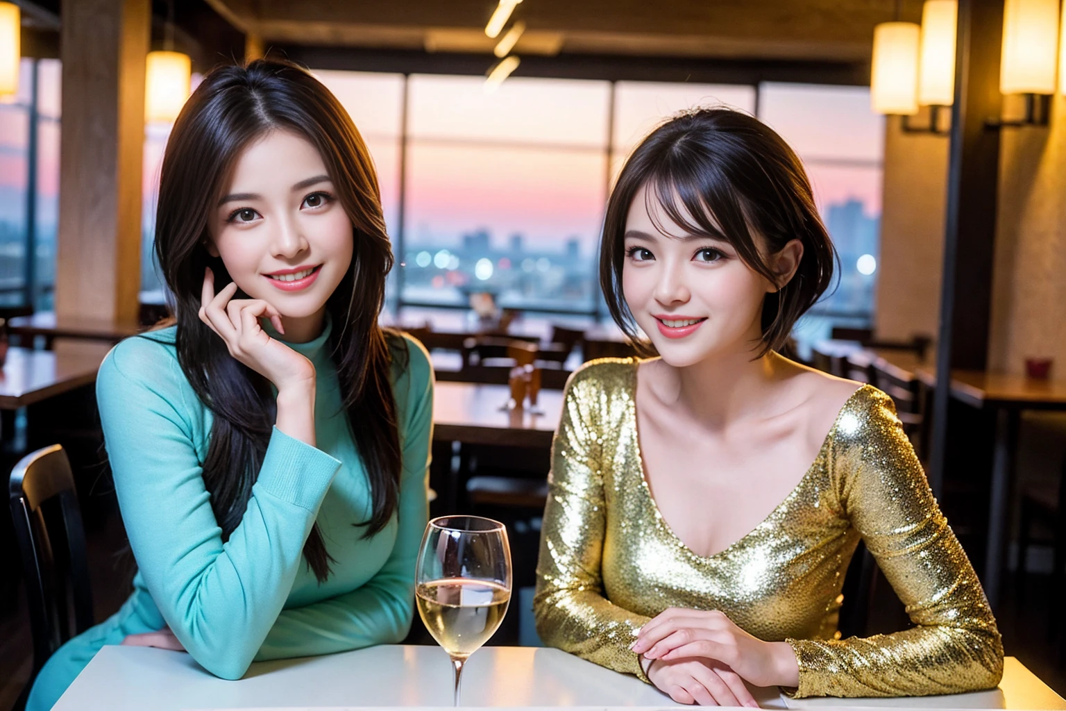 Full-length shot, Best quality, a 25y energetic smiling Asian woman, wearing evening dress in red, tight breast, hair blowing in the wind, fashionable, moody atmosphere, beautiful shadow, normal exposure, sitting at a table with a white tablecloth in a restaurant smiling showing teeth directly facing camera, kodacrhome, cinematic lighting, masterpiece composition, perfect direct of photography, realistic face and eyes, realistic skin, ultra highly detailed, centered object, sharp focus, beautiful film bokeh, surreal view, candid photo, shot by zenit camera with 35mm lens, cinematic photo by annie leibovitz