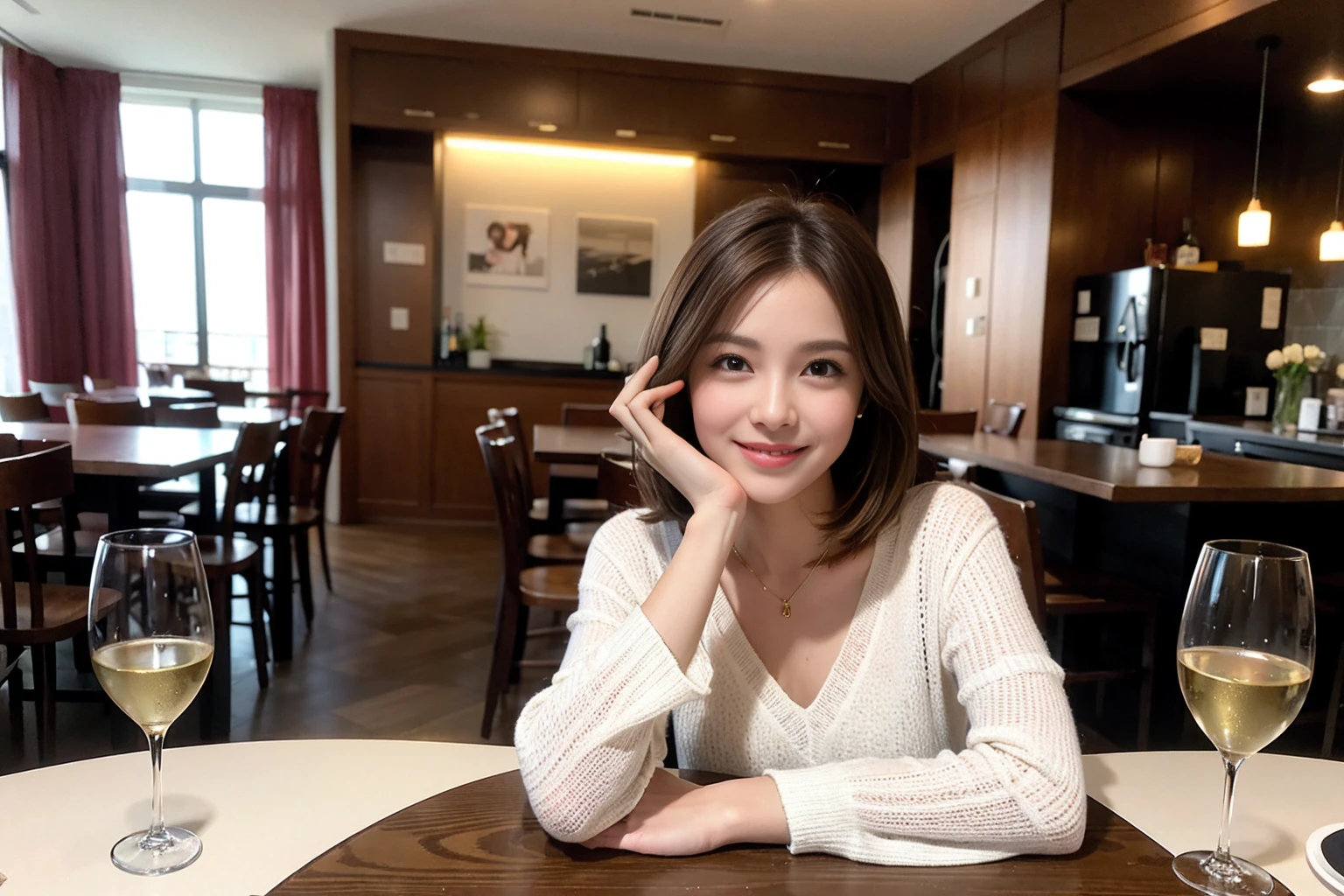 ((Highest quality、8K、masterpiece:1.3))、Shortcuts、cute、slimカップル、modelカップル、actress男優、(Realistic, Intricate details:1.2), full-course dinner、Wine Party、Amazing view of the sunset sky and clouds、A bright smile、short hair,Bright Face、45 years old), 42 years old, red wine 、Appetizers、Italian food、Wine bottle、Champagne、sparkling wine、Two beauties、Brown Hair、Shortcuts、Long sleeve shirt、dress、Beautiful woman 1, (slimな顔), (The body is slim), (Brown Hair), (Shortcuts), cheeks turn a little red,Attractive beauty、restaurant, In a prominent place (From the waist up) Nova Frog Style, actress, model, Upper Body, White wine, slim, wine glass, 中央に置かれたwine glass, smile, (smile: 1.15), Beautiful fine grain, Depth f/2,saturation, High Contrast, Strong light and shadow,Moist Body:1.5、3D texture、Delicate eyes、Brown Hair、The hair is very shiny、