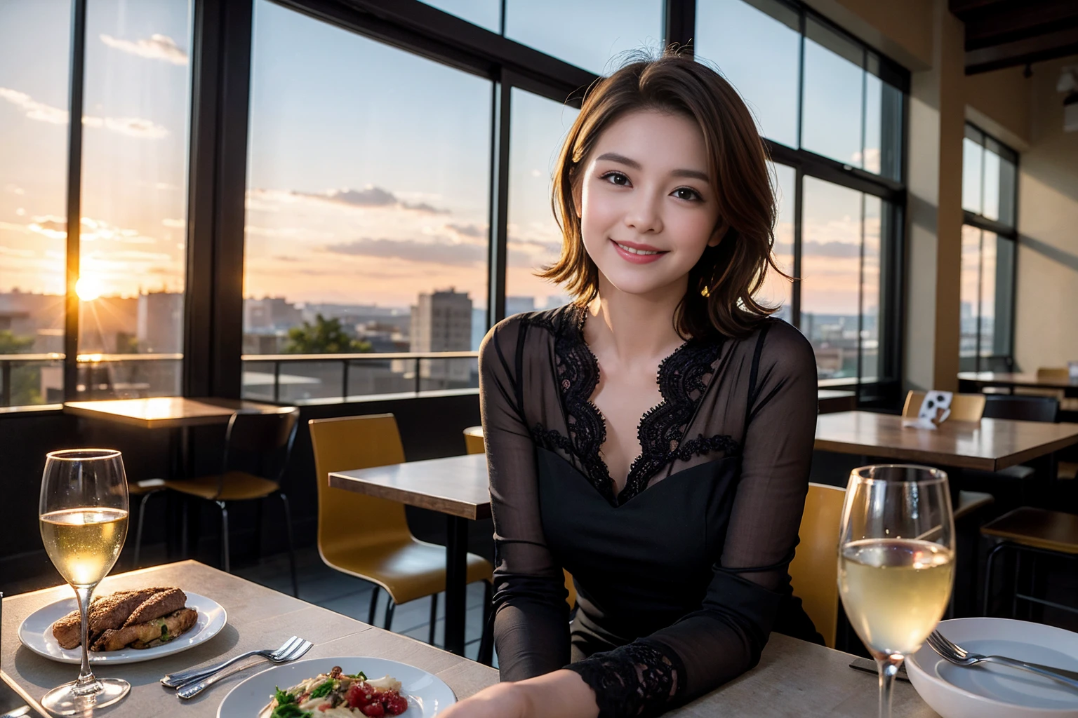 ((Highest quality、8K、masterpiece:1.3))、Shortcuts、cute、slimカップル、modelカップル、actress男優、(Realistic, Intricate details:1.2), full-course dinner、Wine Party、Amazing view of the sunset sky and clouds、A bright smile、short hair,Bright Face、45 years old), 42 years old, red wine 、Appetizers、Italian food、Wine bottle、Champagne、sparkling wine、Two beauties、Brown Hair、Shortcuts、Long sleeve shirt、dress、Beautiful woman 1, (slimな顔), (The body is slim), (Brown Hair), (Shortcuts), cheeks turn a little red,Attractive beauty、restaurant, In a prominent place (From the waist up) Nova Frog Style, actress, model, Upper Body, White wine, slim, wine glass, 中央に置かれたwine glass, smile, (smile: 1.15), Beautiful fine grain, Depth f/2,saturation, High Contrast, Strong light and shadow,Moist Body:1.5、3D texture、Delicate eyes、Brown Hair、The hair is very shiny、