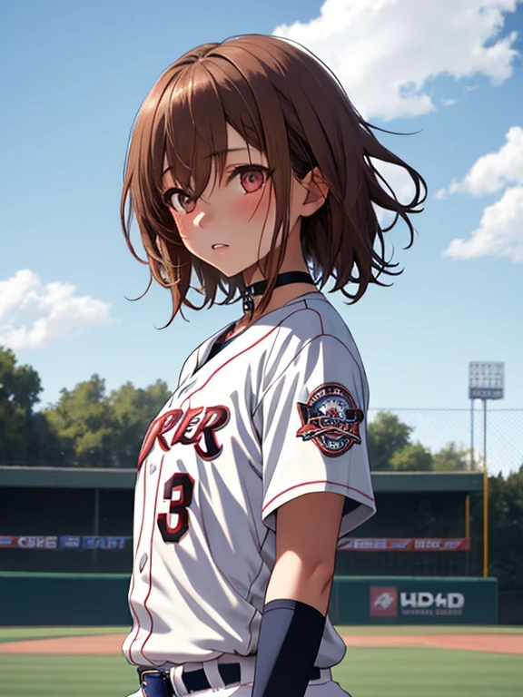 Baseball Player, cute, Pitiful, Girl, short hair, Misaka Mikoto, 1girl, black choker, uhd, retina, masterpiece, ccurate, anatomically correct, textured skin, super detail, high details, high quality, best quality, highres, 4K