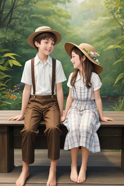 Boy and girl sitting on a table at a garden 🏡