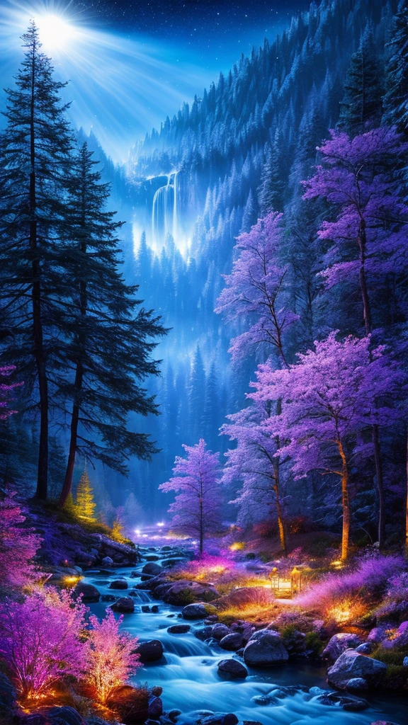 best quality, masterpiece, beautiful wild and natural fantasy landscape with glowing lights