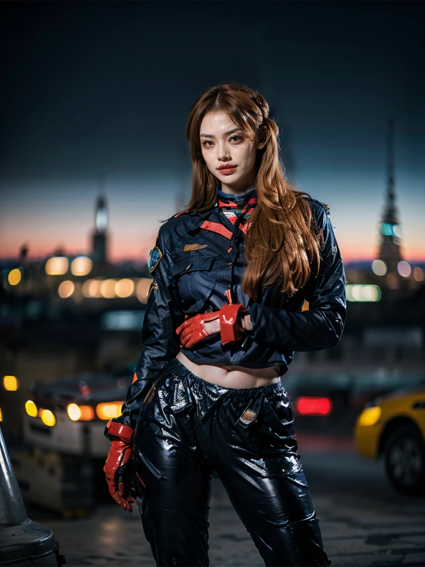 (1 lady), (Best quality at best:1.4), (ultra - detailed), (extremely detailed CG unified 16k), A Beautiful Woman with Perfect Figure: 1.4, Sharp Focus: 1.2, very detailed, High-definition RAW color photo, professional photoshooting, amazing face and eyes, cosmetics, (amazingly beautiful girl), ((asuka)), ((police uniform, whole body police uniform, long sleeves blue navy shirt, police uniform blue navy pants)), standing, sexyposture，(Dark and stylish urban landscape, city lights, city lights:1.3), (look from down), realistic cinematic face, head to feet long wide zoomed out view, full body long view, photorealistic, ((realistic natural orange redhair style, blue eyes, long hair)), gorgeous, extremely beautiful face, perfect model beauty, pout mouth, Highly Detailed Face and Skin Texture, Detailed Eyes, Double Eyelids, Medium Breasts, Smile, cleavages, western, (masterpiece), best quality, high resolution, extremely detailed, blurred background, depth of field, cinematic lighting, amazing legs, combat boots, clear and well-cared skin, (((woman occupies most of the picture))), (photorealistic colors, photography colors)