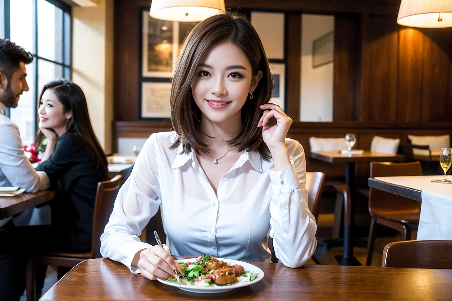 ((Highest quality、8K、masterpiece:1.3))、Shortcuts、cute、slimカップル、modelカップル、actress男優、(Realistic, Intricate details:1.2), full-course dinner、Wine Party、Amazing view of the sunset sky and clouds、A bright smile、short hair,Bright Face、 (Age 45), 42 years old, red wine 、Appetizers、Italian food、Wine bottle、Champagne、sparkling wine、Two beauties、Brown Hair、Shortcuts、Long sleeve shirt、dress、Beautiful woman 1, (slimな顔), (The body is slim), (Brown Hair), (Shortcuts), cheeks turn a little red,Attractive beauty、restaurant, In a prominent place (From the waist up) Nova Frog Style, actress, model, Upper Body, White wine, slim, wine glass, 中央に置かれたwine glass, smile, (smile: 1.15), Beautiful fine grain, Depth f/2,saturation, High Contrast, Strong light and shadow,Moist Body:1.5、3D texture、Delicate eyes、Brown Hair、The hair is very shiny、