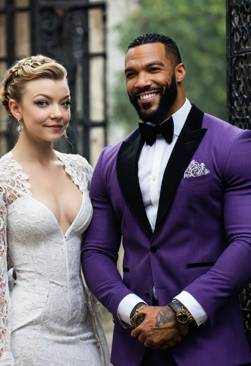 Natalie Dormer as Maman Brigitte and a handsome African American male whose facial features are a combo of Omari Hardwick + Nathan Mitchell + Yusuf Gatewood as Baron Samedi pose together for a photo in New Orleans. Both are smiling. The male wears a black-and-purple three-piece suit. Natalie wears a white lace dress. Natalie has lovely makeup on her face. Daytime. Gothic romantic ambiance. Symmetrical eyes. Symmetrical faces. Lovely details. Photorealistic. Full-colored photo. Professional photo. Highly detailed 8K.
