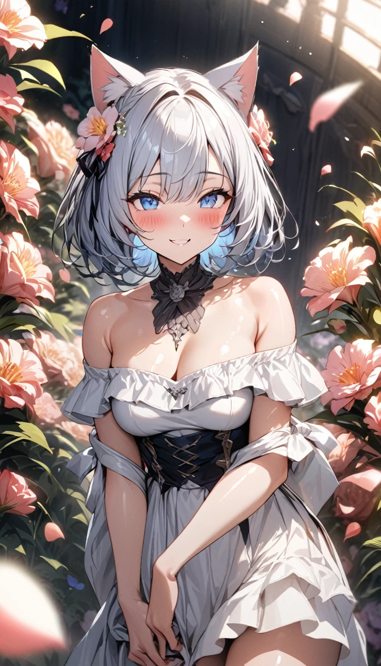 (((best quality)), ((masterpiece)), (details), masterpiece, best quality, high quality, ulutra detailed, perfect face, ((1girl, blue eyes, cat ears: 1.3 silver bob hair: 2.5,)) 、Shiny Hair、Glowing Skin、blush、ful look、smile、Off-the-shoulder dress、Flower Hair Ornaments、Petals fluttering、Holding a bouquet、Flower field background