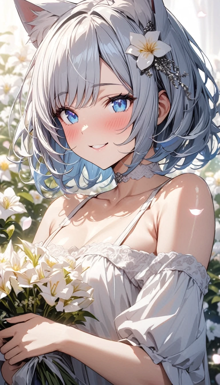 (((best quality)), ((masterpiece)), (details), masterpiece, best quality, high quality, ulutra detailed, perfect face, ((1girl, blue eyes, cat ears: 1.3 silver bob hair: 2.5,)) 、Shiny Hair、Glowing Skin、blush、Lustful look、smile、Off-the-shoulder dress、Flower Hair Ornaments、Petals fluttering、Holding a bouquet、Flower field background