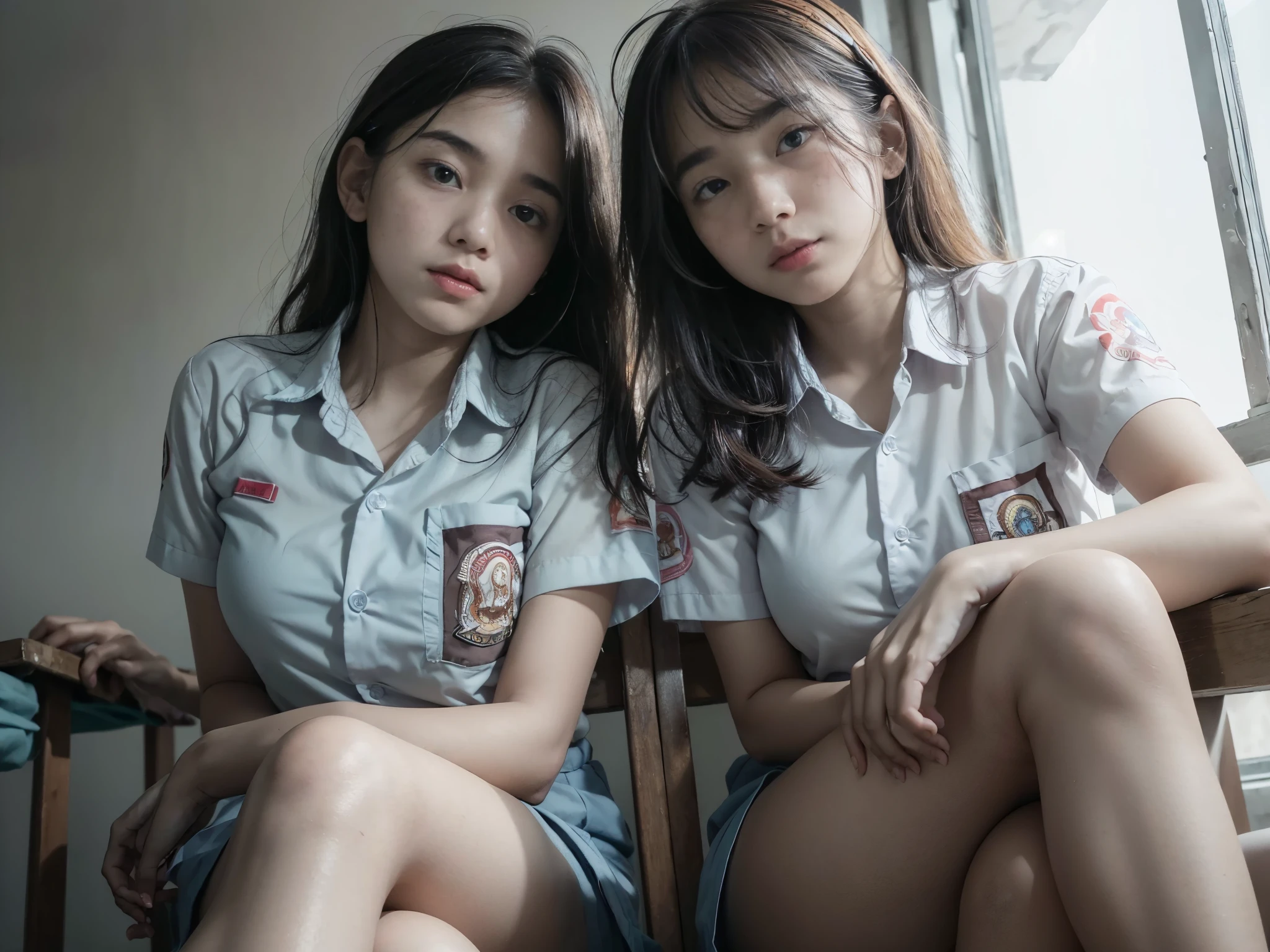 (upperbody:1.2), selfie portrait of (2 girls:1.5), beautiful cewe-sma wearing (highschool uniform, short sleeve, (bottomless:1.5)), serene expression, detailed facial features, flawless make-up, intricate embroidered patterns, (exposed hanging breast:1.2), slim body, sitting side by side with (crossed-legs, knees up), elegant pose, in the classroom, looks so cool, (foggy atmosphere:1.3), ((high angle, seen from forward):1.3), (facing forward:1.2), soft natural lighting, photorealistic, highly detailed, 8k, cinematic, dramatic, natural color tones,