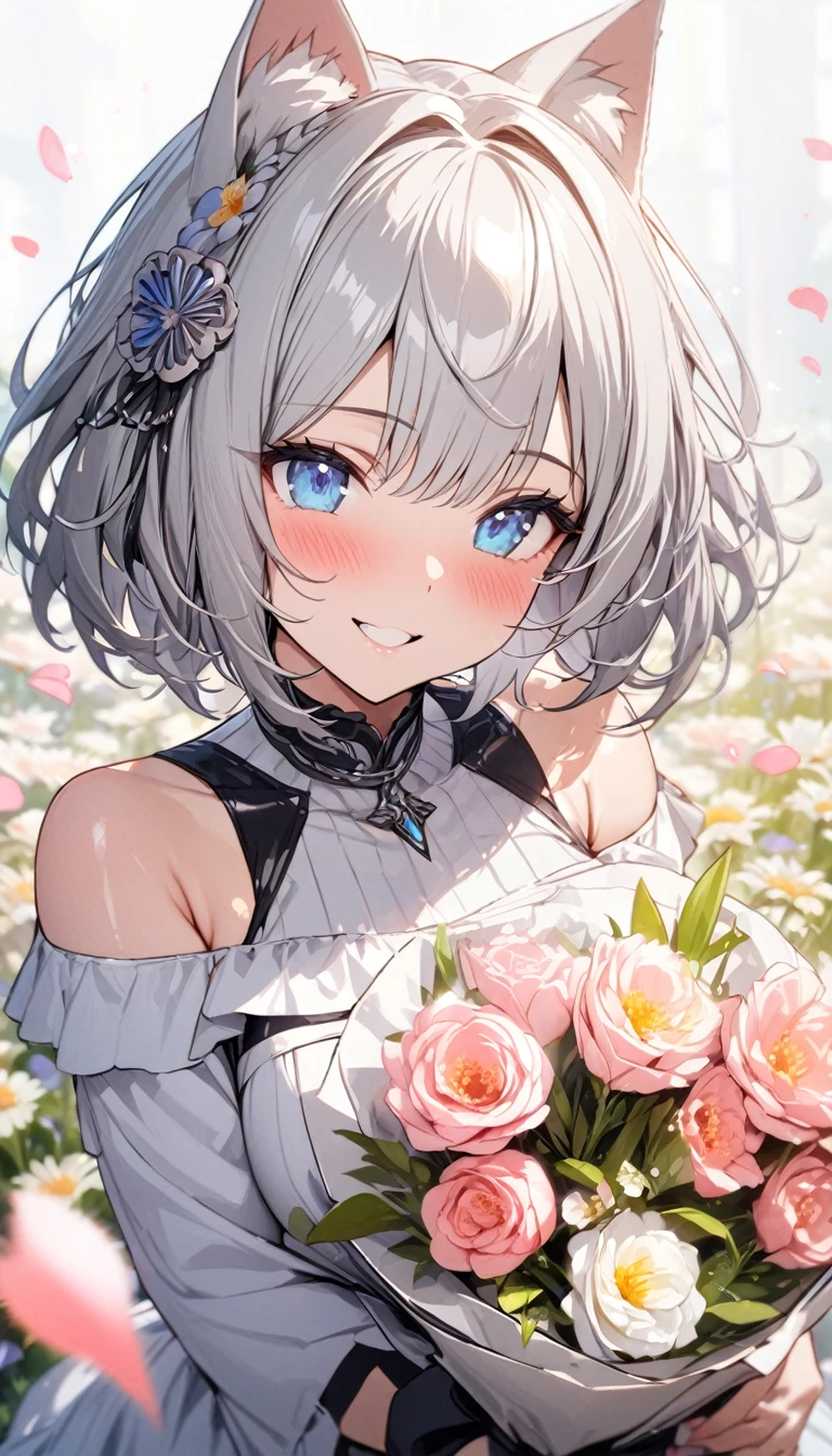(((best quality)), ((masterpiece)), (details), masterpiece, best quality, high quality, ulutra detailed, perfect face, ((1girl, blue eyes, cat ears: 1.3 silver bob hair: 2.5,)) 、Shiny Hair、Glowing Skin、blush、Lustful look、smile、Off-the-shoulder dress、Flower Hair Ornaments、Petals fluttering、Holding a bouquet、Flower field background