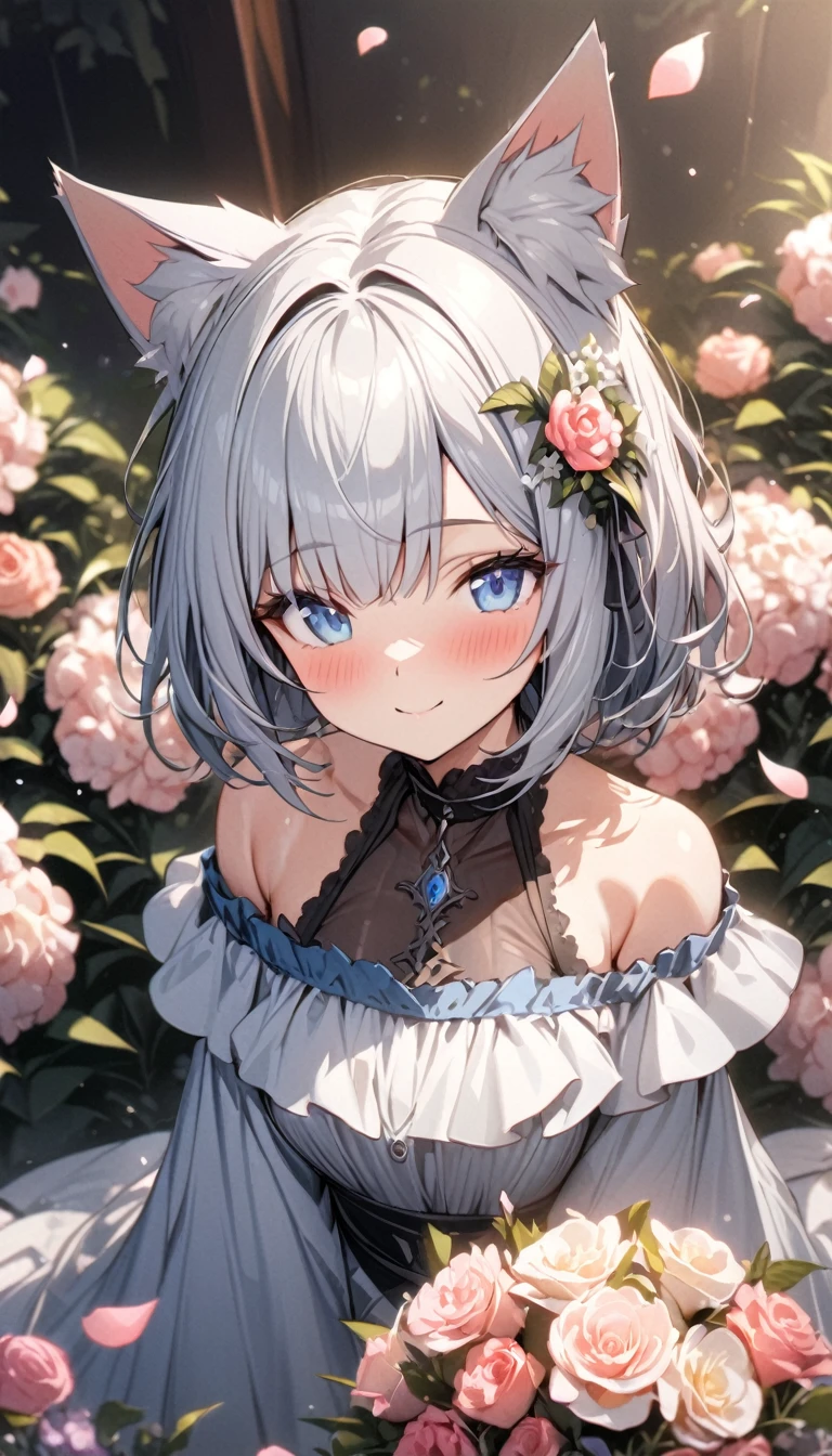 (((best quality)), ((masterpiece)), (details), masterpiece, best quality, high quality, ulutra detailed, perfect face, ((1girl, blue eyes, cat ears: 1.3 silver bob hair: 2.5,)) 、Shiny Hair、Glowing Skin、blush、Lustful look、smile、Off-the-shoulder dress、Flower Hair Ornaments、Petals fluttering、Holding a bouquet、Flower field background