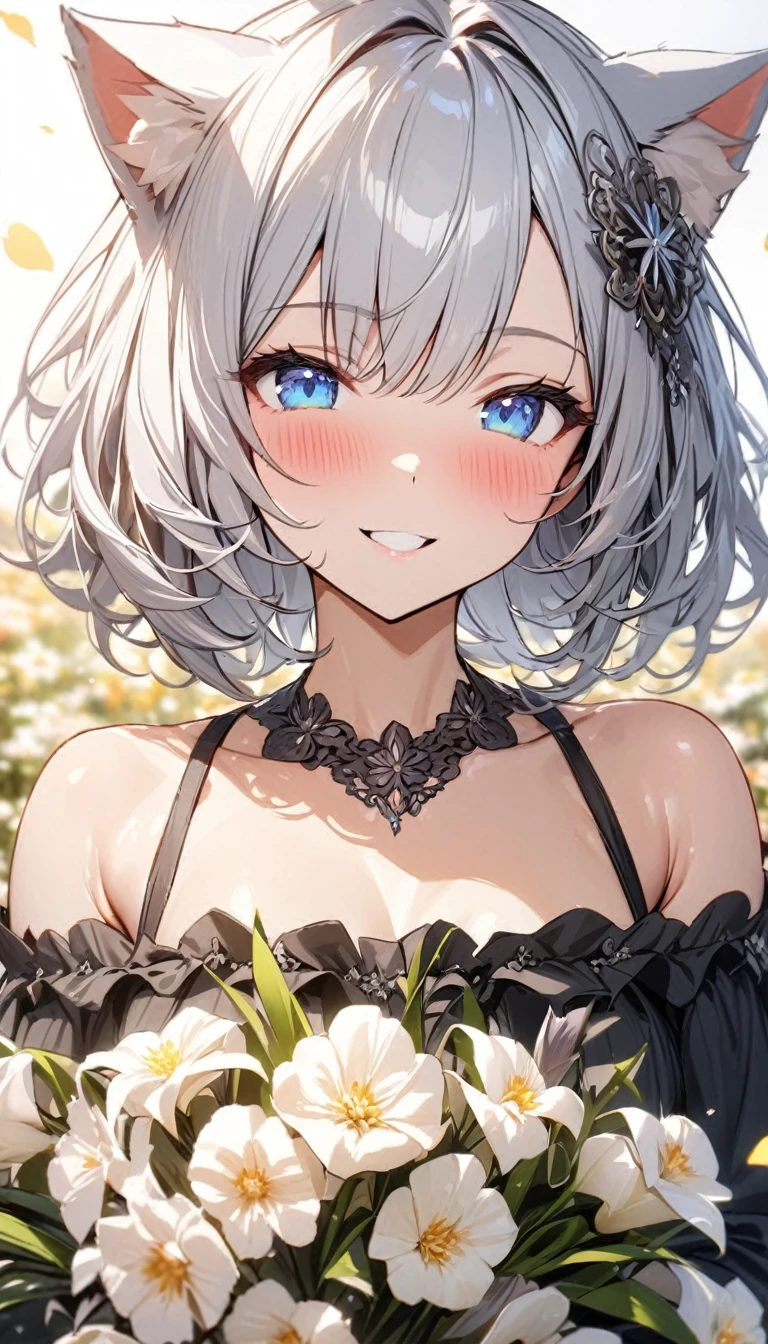 (((best quality)), ((masterpiece)), (details), masterpiece, best quality, high quality, ulutra detailed, perfect face, ((1girl, blue eyes, cat ears: 1.3 silver bob hair: 2.5,)) 、Shiny Hair、Glowing Skin、blush、Lustful look、smile、Off-the-shoulder dress、Flower Hair Ornaments、Petals fluttering、Holding a bouquet、Flower field background