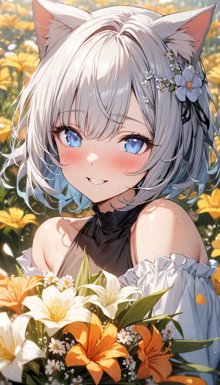 (((best quality)), ((masterpiece)), (details), masterpiece, best quality, high quality, ulutra detailed, perfect face, ((1girl, blue eyes, cat ears: 1.3 silver bob hair: 2.5,)) 、Shiny Hair、Glowing Skin、blush、Lustful look、smile、Off-the-shoulder dress、Flower Hair Ornaments、Petals fluttering、Holding a bouquet、Flower field background