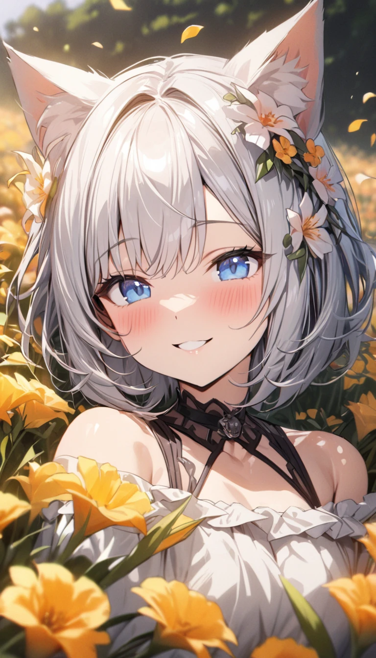(((best quality)), ((masterpiece)), (details), masterpiece, best quality, high quality, ulutra detailed, perfect face, ((1girl, blue eyes, cat ears: 1.3 silver bob hair: 2.5,)) 、Shiny Hair、Glowing Skin、blush、Lustful look、smile、Off-the-shoulder dress、Flower Hair Ornaments、Petals fluttering、Holding a bouquet、Flower field background