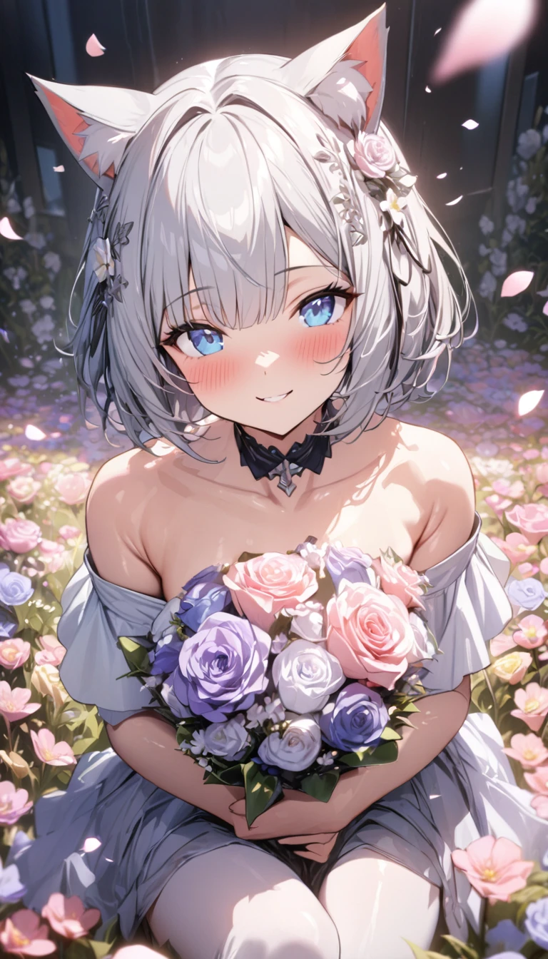 (((best quality)), ((masterpiece)), (details), masterpiece, best quality, high quality, ulutra detailed, perfect face, ((1girl, blue eyes, cat ears: 1.3 silver bob hair: 2.5,)) 、Shiny Hair、Glowing Skin、blush、Lustful look、Off-the-shoulder dress、Wearing a crown of flowers、Petals fluttering、Holding a bouquet、Flower field background