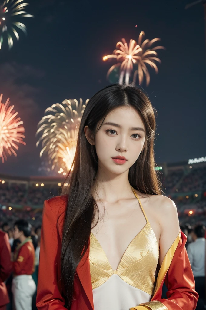 (((best quality))),(((ultra detailed))),(((masterpiece))),illustration, ((Olympic Opening Ceremony,in Paris,summer night,magnificent National stadium of France,Olympic flame, fireworks)),(crowded crowds of enthusiastic spectators:1.3),((a beautiful Chinese girl,solo)),((shoulder length straight hair:1.2)),((slim,thin)),((small breasts,flat chest)),(red blazer:1.5),(yellow dress:1.2),(slender legs:1.2),excited expression, awe, celebrating, electric atmosphere, sense of pride, excitement, playing field, crowd energy, unity, camaraderie, representing China, historic event, memorable moment,((standing,arms behind back)),((from front,upper body))