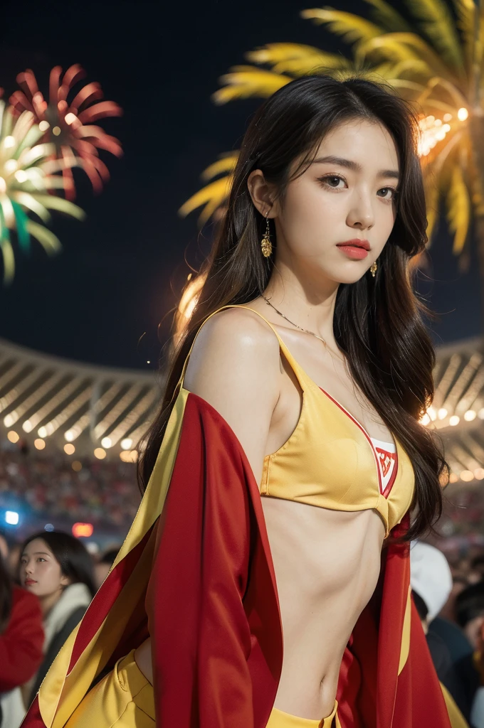"(((best quality))),(((ultra detailed))),(((masterpiece))),illustration, ((Olympic Opening Ceremony,in Paris,summer night,magnificent National stadium of France,Olympic torch lighting, fireworks)),(crowded crowds of enthusiastic spectators:1.3),((a beautiful Chinese girl,solo)),((shoulder length straight hair:1.2)),((slim,thin)),((small breasts,flat chest)),(((red suit blazer,yellow pants))), excited expression, awe, celebrating, electric atmosphere, sense of pride, excitement, playing field, crowd energy, unity, camaraderie, representing China, historic event, memorable moment,((from front,upper body))