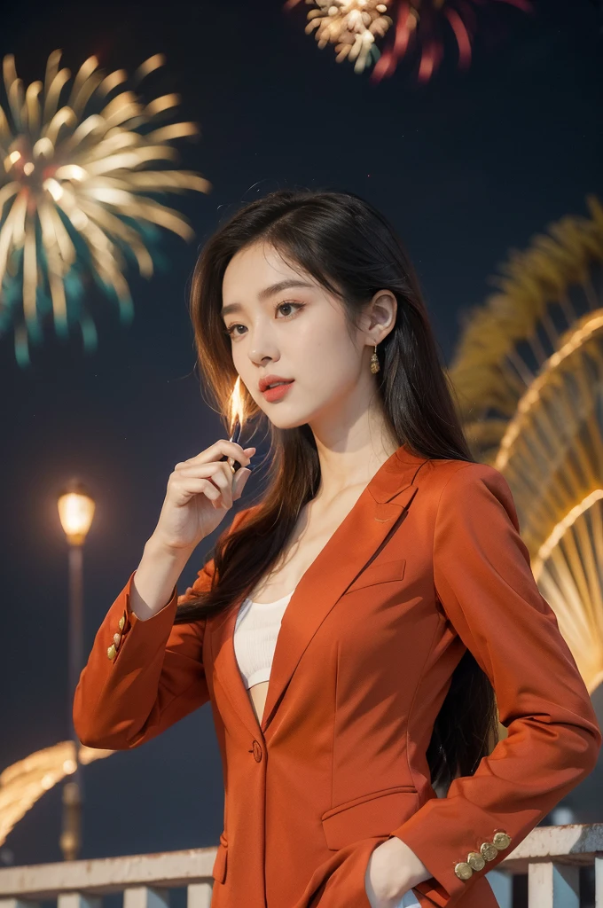 "(((best quality))),(((ultra detailed))),(((masterpiece))),illustration, ((Olympic Opening Ceremony,in Paris,summer night,magnificent National stadium of France,Olympic torch lighting, fireworks)),(crowded crowds of enthusiastic spectators:1.3),((a beautiful Chinese girl,solo)),((shoulder length straight hair:1.2)),((slim,thin)),((small breasts,flat chest)),(((red suit blazer,yellow pants))), excited expression, awe, celebrating, electric atmosphere, sense of pride, excitement, playing field, crowd energy, unity, camaraderie, representing China, historic event, memorable moment,((from front,upper body))