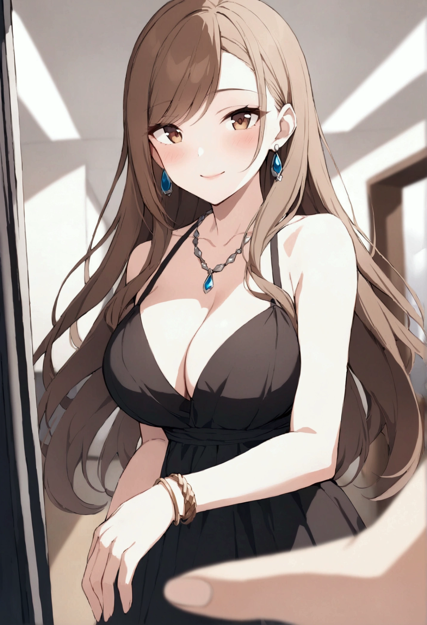 slender, mature female,blurry_foreground, blurry, depth_of_field, rating:safe, breasts, jewelry, cleavage, 1girl, blurry_background, long_hair, brown_hair, bangs, pov, looking_at_viewer, necklace, brown_eyes, blush, bare_shoulders, lips, large_breasts, swept_bangs, earrings, sleeveless, bracelet, smile, sidelocks, eyebrows_visible_through_hair, dress, solo_focus, collarbone, indoors, underwear, closed_mouth, phone, cellphone, medium_breasts, motion_blur