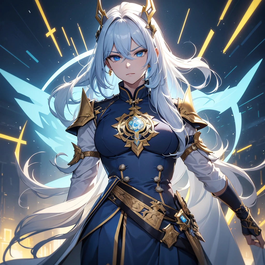 Draw Jing Yuan, the imposing high-ranking commander from the game Honkai Star Rail. Jing Yuan has long white hair that flows smoothly over his shoulders, complementing his piercing blue eyes and a serious, resolute expression. His armor is intricate, composed of silver metal plates with gold and royal blue details, reflecting his elevated status. The armor includes ornate pauldrons, a robust chestplate, and decorated gauntlets, all with a metallic sheen exuding power and authority. Jing Yuan holds a long, elegant sword, with a shining silver blade and a hilt adorned with mystical inscriptions and blue jewels. Around Jing Yuan, the setting is futuristic and majestic, with grand structures of advanced architecture, illuminated by blue and gold neon lights. The sky in the background is filled with stars and nebulas, giving a sense of vastness and mystery. Streaks of energy traverse the environment, creating an electrifying and dynamic atmosphere. Jing Yuan stands in a position of leadership, perhaps at the top of an imposing staircase or on an elevated platform, highlighting his commanding and charismatic presence. Capture the essence of his leadership and power, emphasizing his striking presence and sophisticated appearance.
