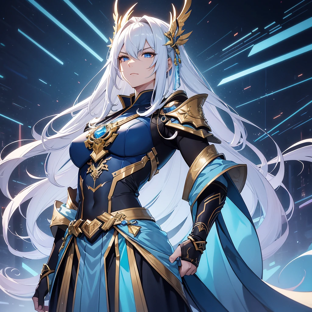 Draw Jing Yuan, the imposing high-ranking commander from the game Honkai Star Rail. Jing Yuan has long white hair that flows smoothly over his shoulders, complementing his piercing blue eyes and a serious, resolute expression. His armor is intricate, composed of silver metal plates with gold and royal blue details, reflecting his elevated status. The armor includes ornate pauldrons, a robust chestplate, and decorated gauntlets, all with a metallic sheen exuding power and authority. Jing Yuan holds a long, elegant sword, with a shining silver blade and a hilt adorned with mystical inscriptions and blue jewels. Around Jing Yuan, the setting is futuristic and majestic, with grand structures of advanced architecture, illuminated by blue and gold neon lights. The sky in the background is filled with stars and nebulas, giving a sense of vastness and mystery. Streaks of energy traverse the environment, creating an electrifying and dynamic atmosphere. Jing Yuan stands in a position of leadership, perhaps at the top of an imposing staircase or on an elevated platform, highlighting his commanding and charismatic presence. Capture the essence of his leadership and power, emphasizing his striking presence and sophisticated appearance.
