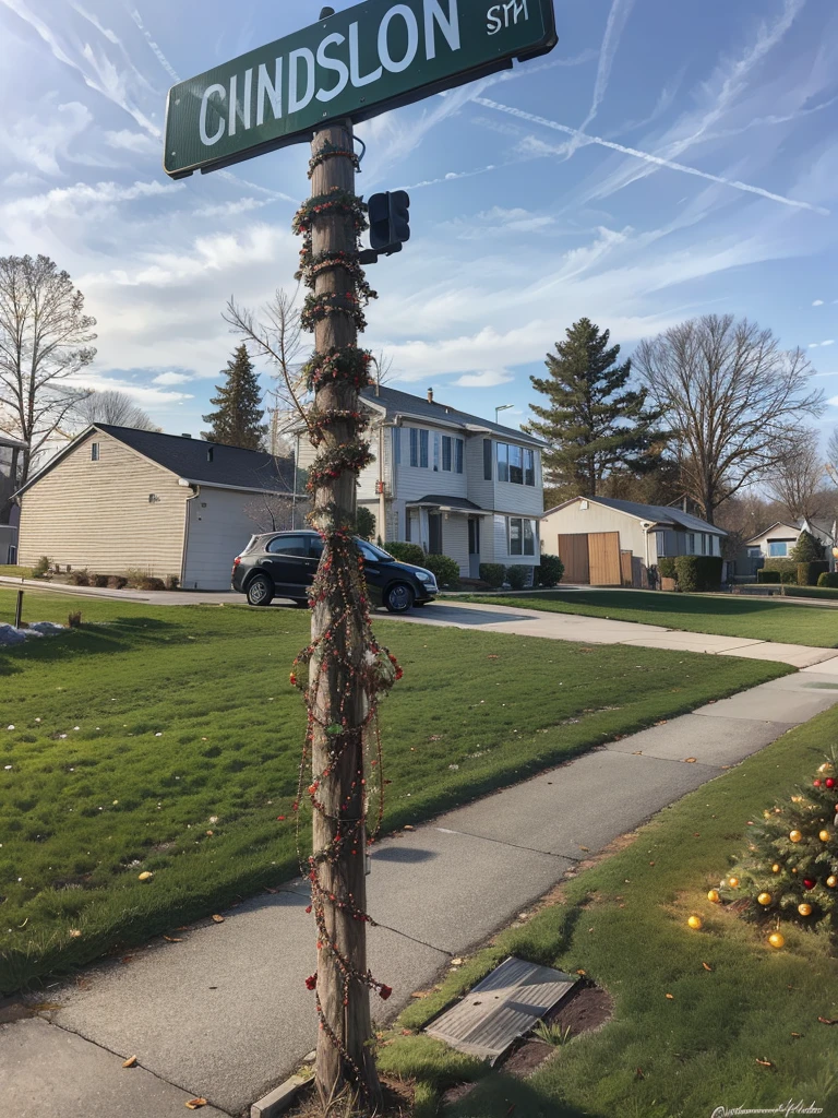 (suburban neighborhood ), oil painting, (house and trees in background), (street sign in foreground with christmas garland and lights wrapped around it),  detailed, masterpiece, high quality,  sunny day, natural light rendering